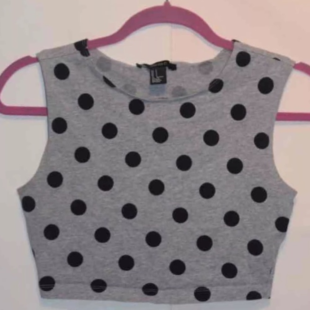 Gray Crop Top with Navy Polka Dots Small